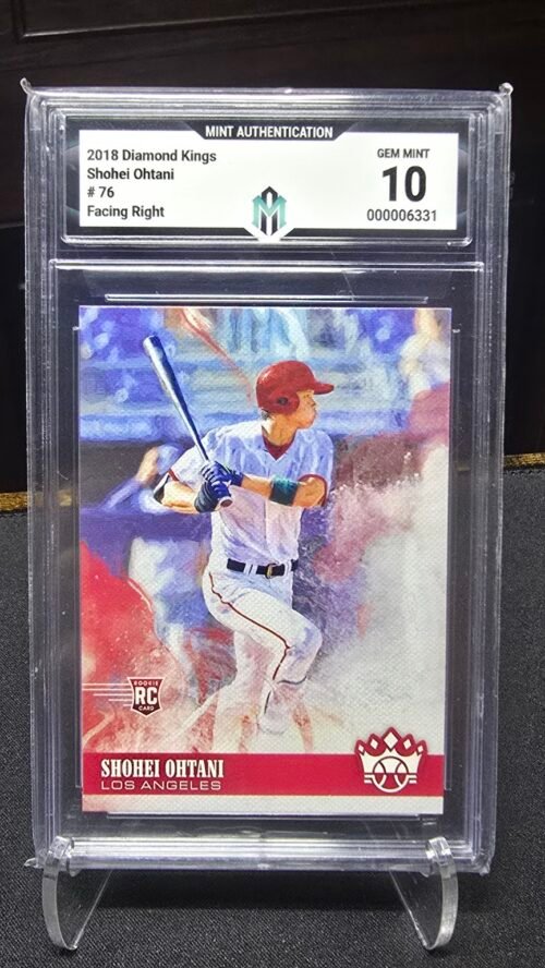 2018 Diamond Kings Shohei Ohtani Facing Right Rookie — Front Front of 2018 Diamond Kings Shohei Ohtani #76 Facing Right Rookie, graded Mint Authentication Gem Mint 10
