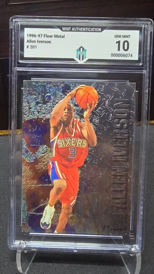 1996-97 Fleer Metal Allen Iverson Rookie — Front Front of 1996-97 Fleer Metal Allen Iverson #201 Rookie, graded Mint Authentication Gem Mint 10