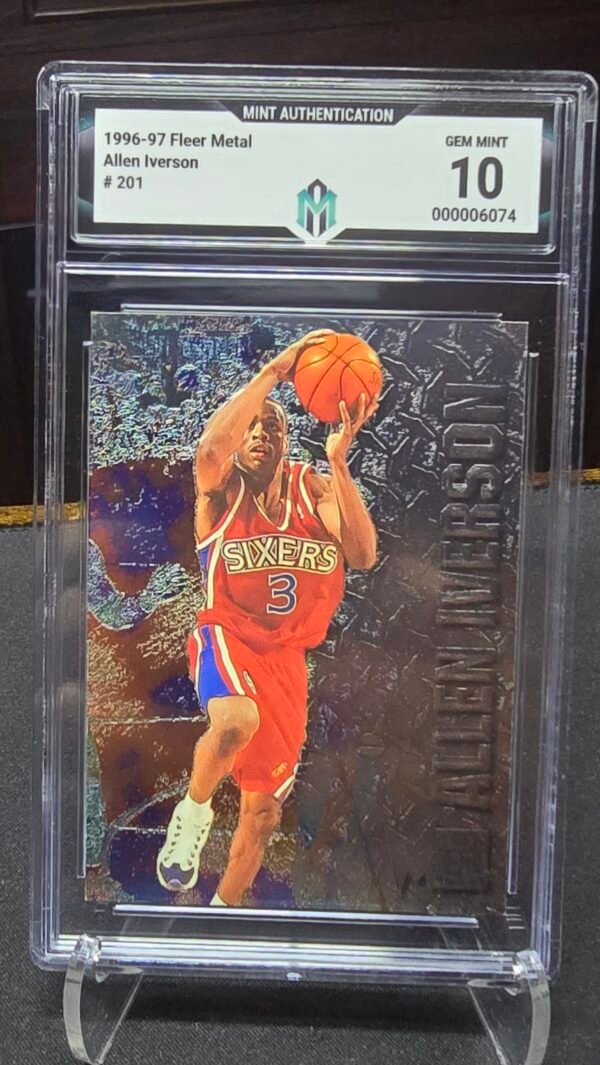 Front of 1996-97 Fleer Metal Allen Iverson #201 Rookie, graded Mint Authentication Gem Mint 10