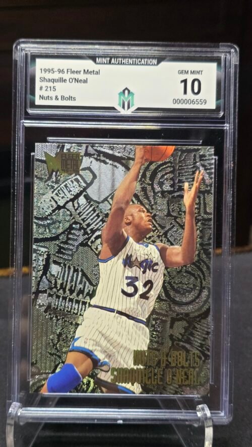 1995-96 Fleer Metal Shaquille O'Neal Nuts & Bolts — Front Front of 1995-96 Fleer Metal Shaquille O'Neal #215 Nuts & Bolts, graded Mint Authentication Gem Mint 10