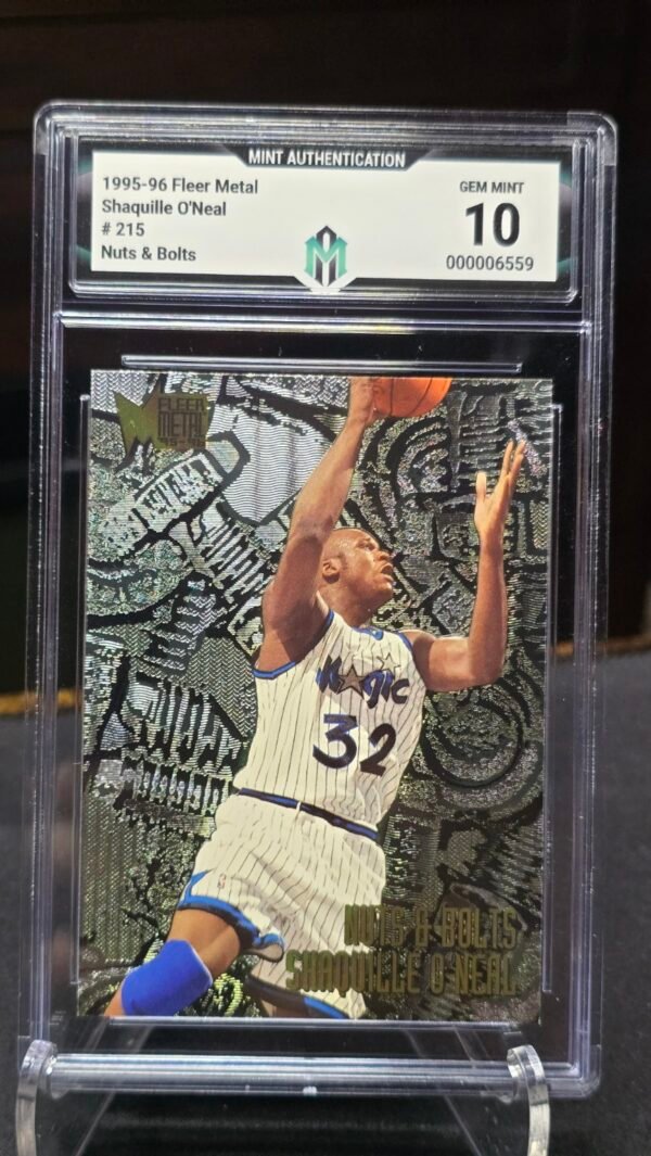 Front of 1995-96 Fleer Metal Shaquille O'Neal #215 Nuts & Bolts, graded Mint Authentication Gem Mint 10