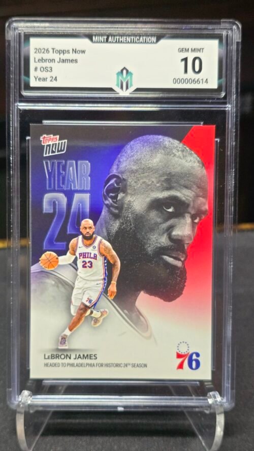 2026 Topps Now LeBron James Year 24 — Front Front of 2026 Topps Now LeBron James #OS3 Year 24, graded Mint Authentication Gem Mint 10