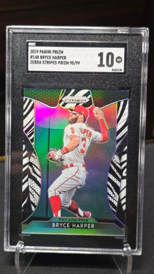 2019 Panini Prizm Bryce Harper Zebra Stripes SGC 10 — Front Front of 2019 Panini Prizm Bryce Harper #148 Zebra Stripes Prizm 95/99, graded SGC Gem Mint 10