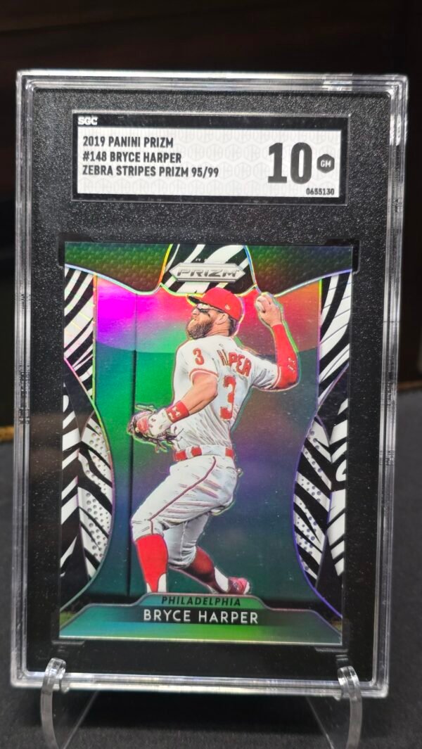 2019 Panini Prizm Bryce Harper Zebra Stripes SGC 10 — Front Front of 2019 Panini Prizm Bryce Harper #148 Zebra Stripes Prizm 95/99, graded SGC Gem Mint 10