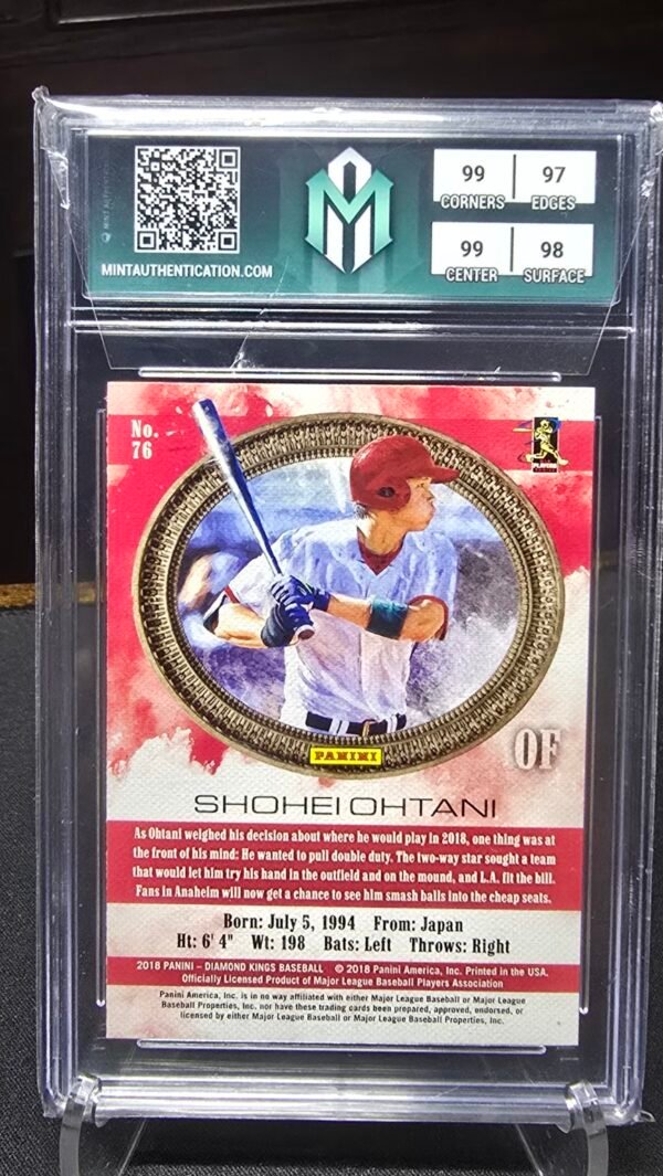 2018 Diamond Kings Shohei Ohtani Facing Right Rookie — Back Back of 2018 Diamond Kings Shohei Ohtani #76 Facing Right Rookie, graded Mint Authentication Gem Mint 10