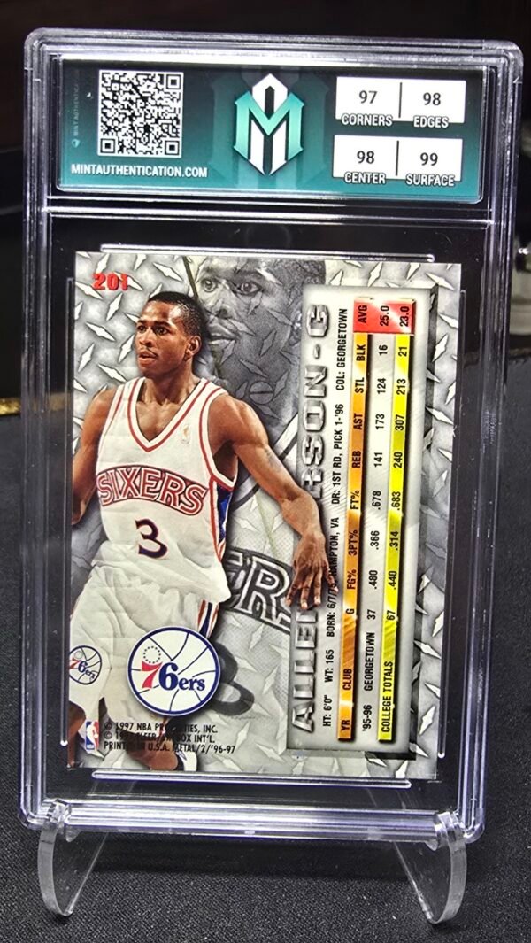 Back of 1996-97 Fleer Metal Allen Iverson #201 Rookie, graded Mint Authentication Gem Mint 10