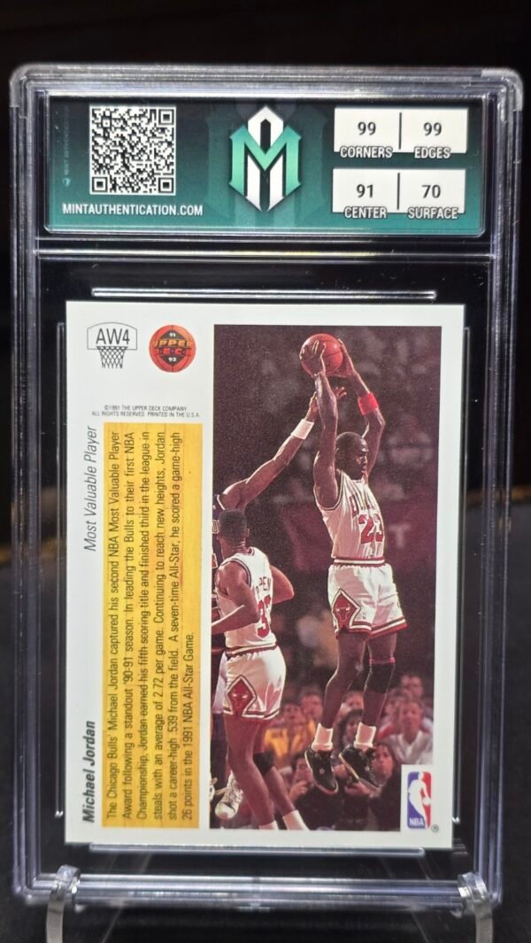 Back of 1991-92 Upper Deck Michael Jordan #AW4 Award Winners MVP Holo, graded Mint Authentication Mint 9