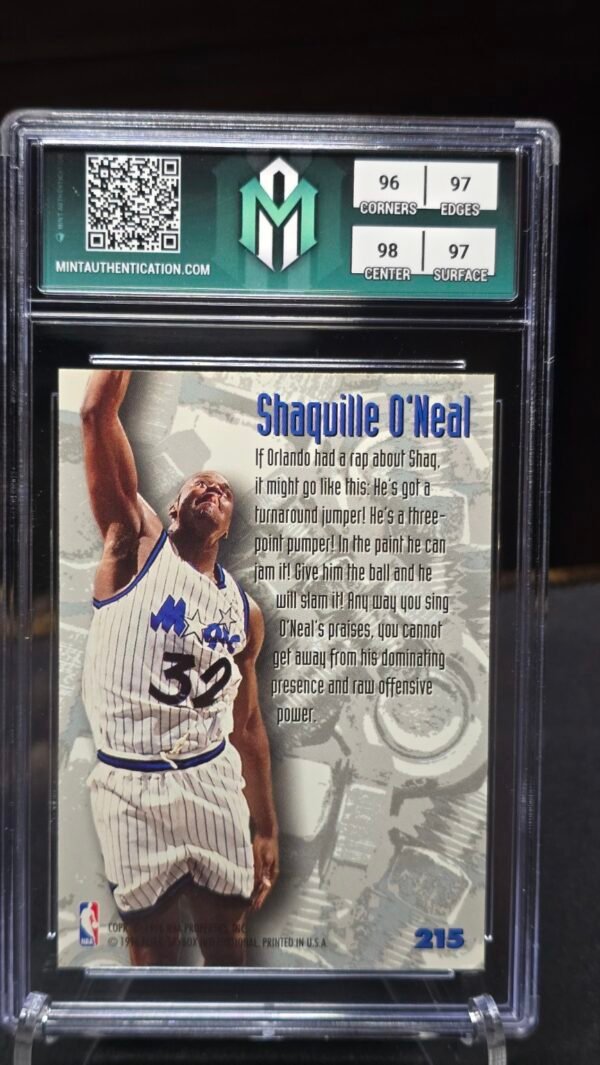 Back of 1995-96 Fleer Metal Shaquille O'Neal #215 Nuts & Bolts, graded Mint Authentication Gem Mint 10