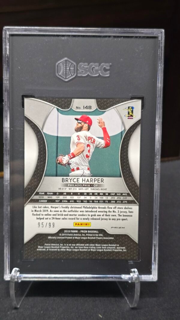 2019 Panini Prizm Bryce Harper Zebra Stripes SGC 10 — Back Back of 2019 Panini Prizm Bryce Harper #148 Zebra Stripes Prizm, serial numbered 95/99, in SGC 10 slab