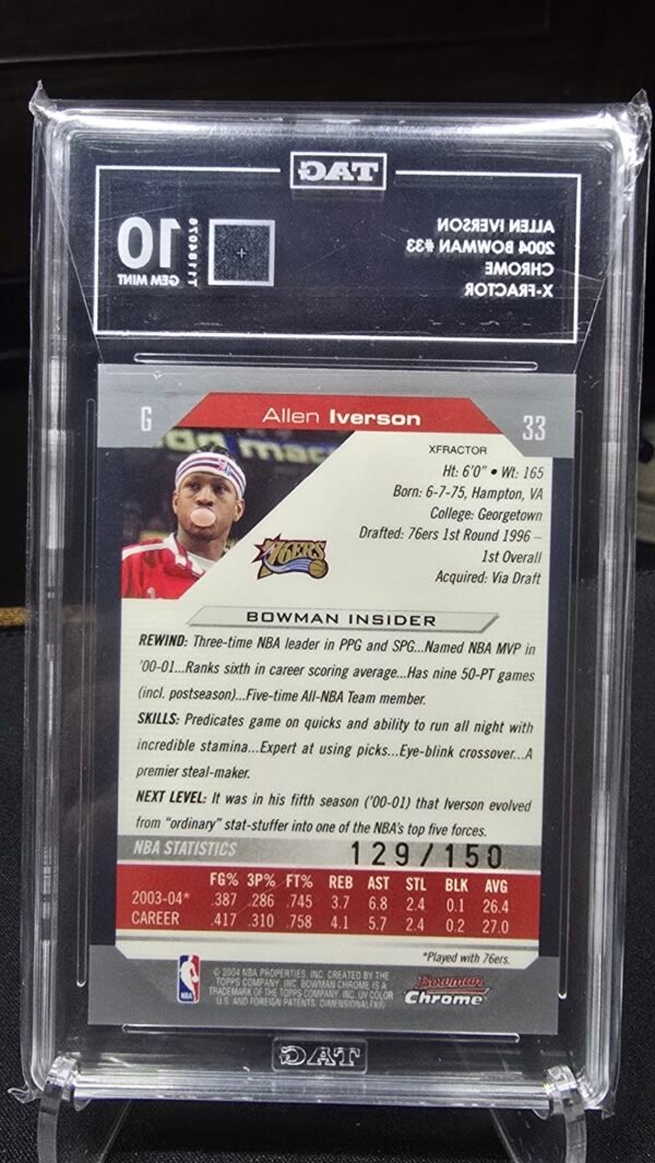 Back of 2004 Bowman Chrome Allen Iverson #33 X-Fractor, showing serial number 129/150 in TAG Gem Mint 10 slab